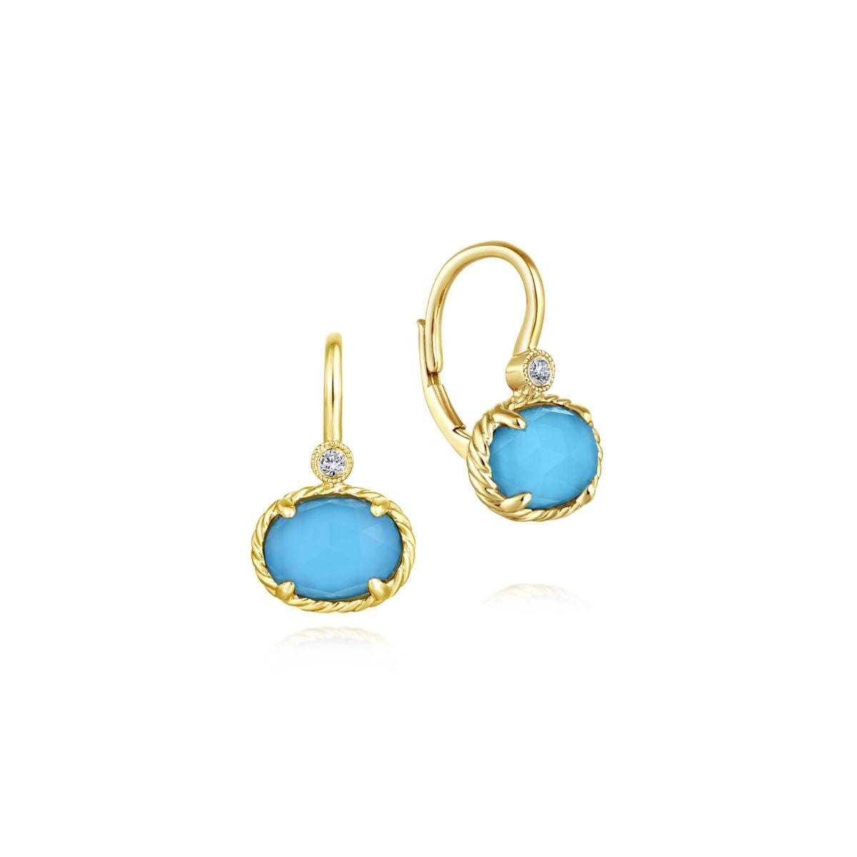 14k Yellow Gold Diamond Rock Crystal & Turquoise Oval Drop Earrings ...