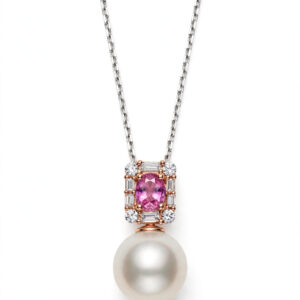 18K Rose and White Gold Pink Sapphire, Diamond and Pearl Pendant Necklace