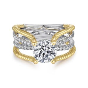 14K White-Yellow Gold Free Form Round Diamond Engagement Ring