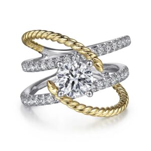 14K White-Yellow Gold Free Form Round Diamond Engagement Ring