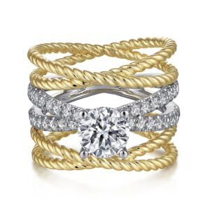 14K White-Yellow Gold Free Form Round Diamond Engagement Ring