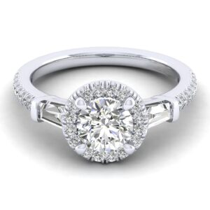 14K White Gold Round Halo Three Stone Halo Diamond Channel Set Engagement Ring