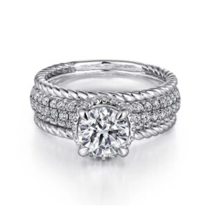 14K White Gold Round Wide Band Diamond Engagement Ring