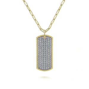 14K Yellow Gold Diamond Pave' Dog Tag Pendant Hollow Chain Necklace