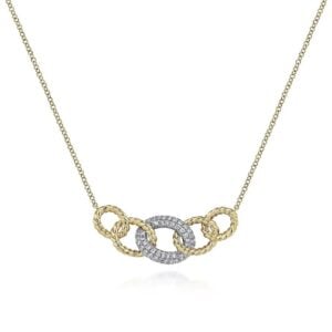 14K Yellow-White Gold Twisted Rope Link Necklace with Pave Diamond Link Station