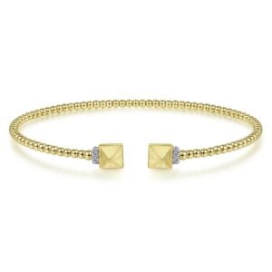 14K Yellow Gold Bujukan Split Cuff Bracelet with Pyramid and Diamond Caps