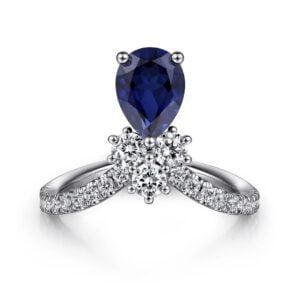 14K White Gold Diamond and Blue Sapphire Teardrop Chevron Ring