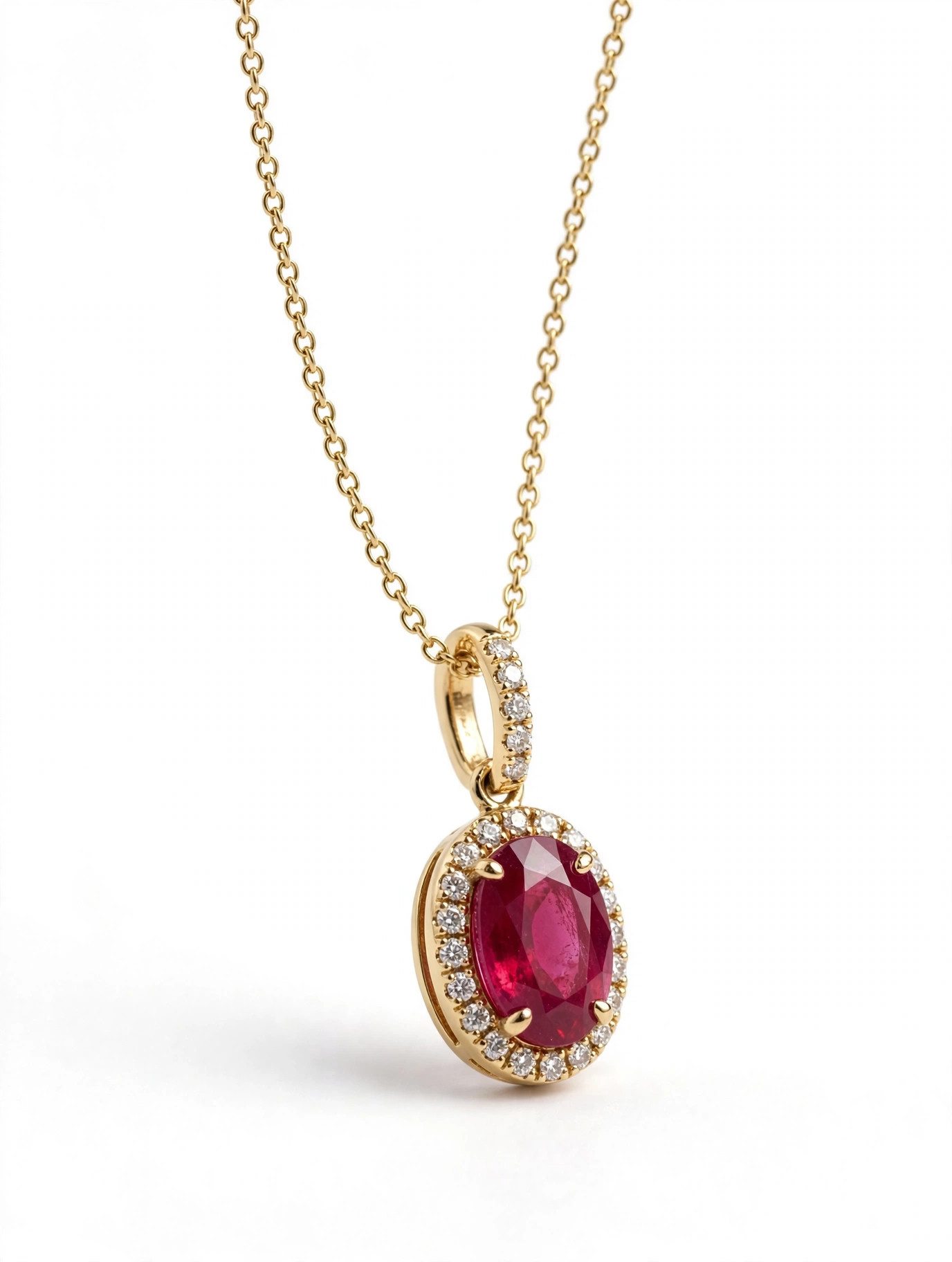 14K Yellow Gold Oval Ruby and Diamond Halo Pendant Necklace - Image 2