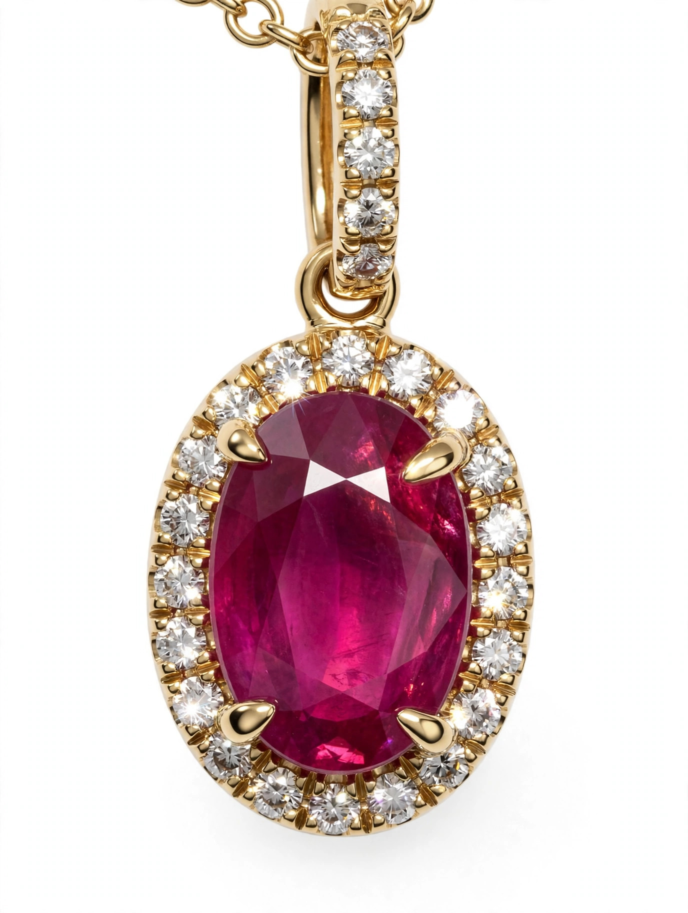 14K Yellow Gold Oval Ruby and Diamond Halo Pendant Necklace - Image 3