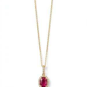 14K Yellow Gold Oval Ruby and Diamond Halo Pendant Necklace