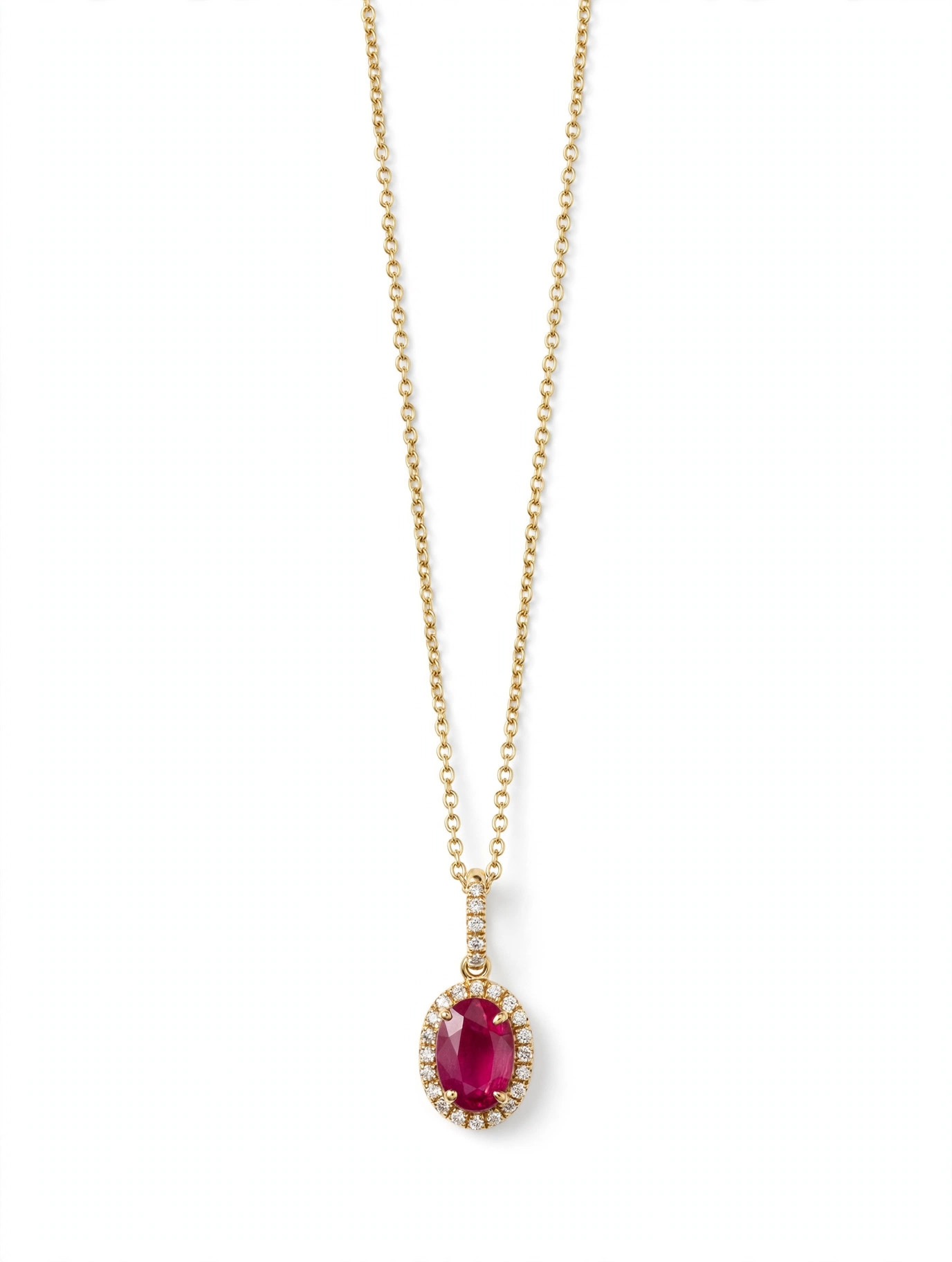 14K Yellow Gold Oval Ruby and Diamond Halo Pendant Necklace