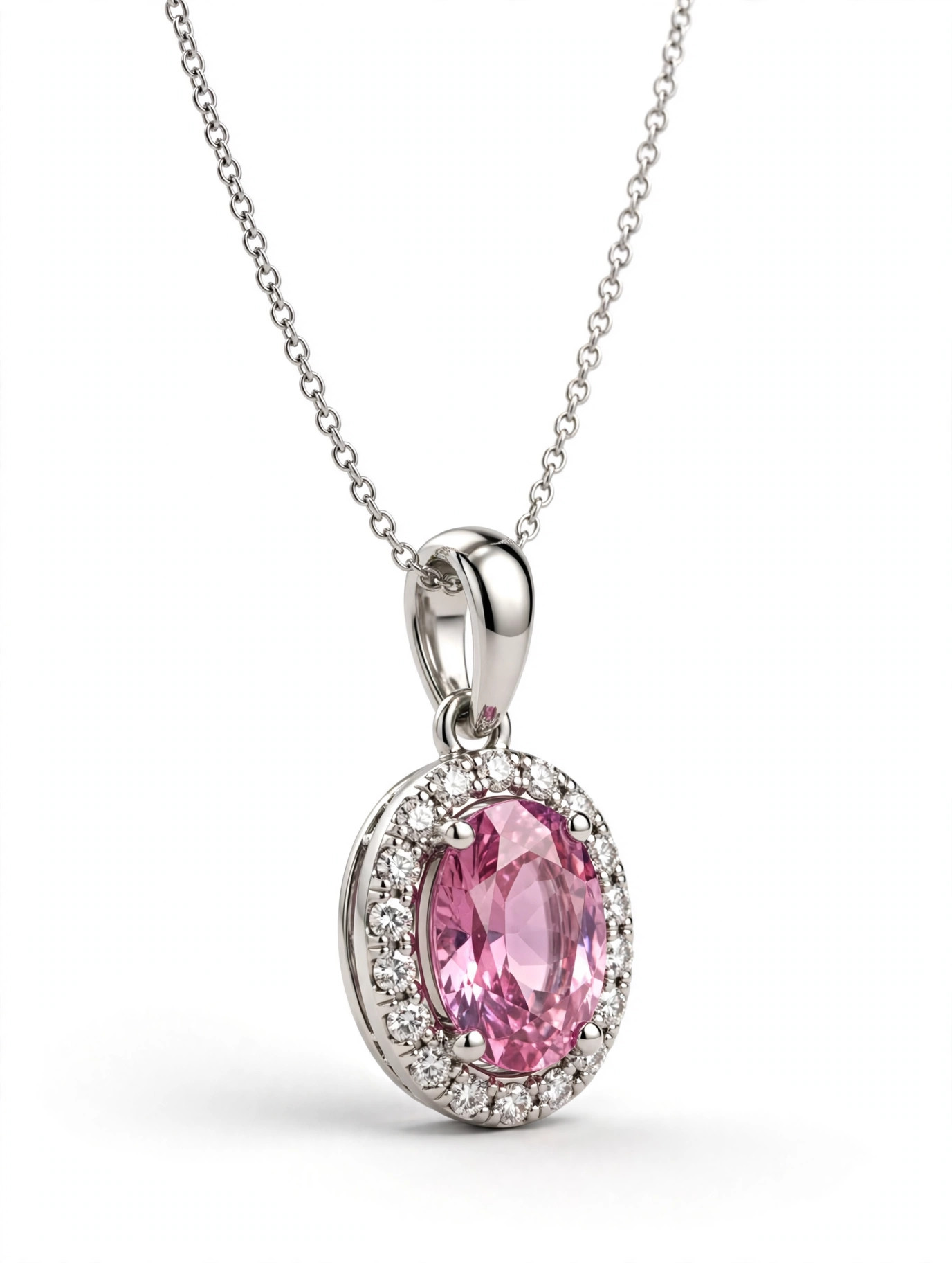 14K White Gold Oval Pink Sapphire and Diamond Halo Pendant Necklace - Image 2