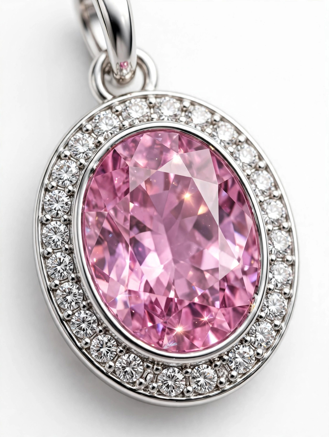 14K White Gold Oval Pink Sapphire and Diamond Halo Pendant Necklace - Image 3