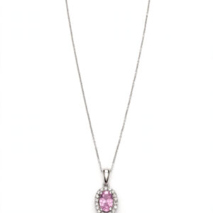 14K White Gold Oval Pink Sapphire and Diamond Halo Pendant Necklace