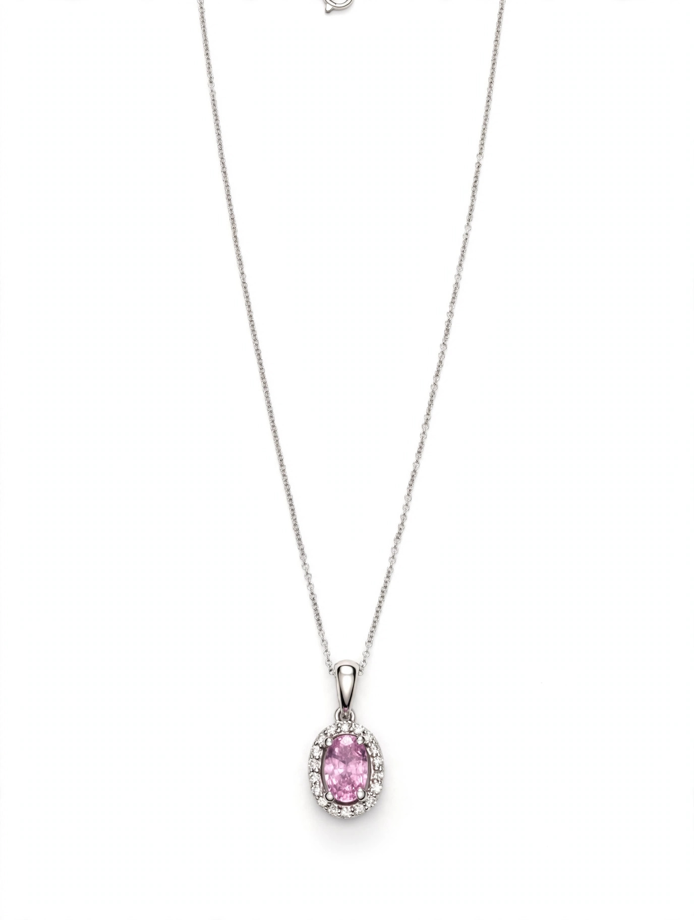 14K White Gold Oval Pink Sapphire and Diamond Halo Pendant Necklace