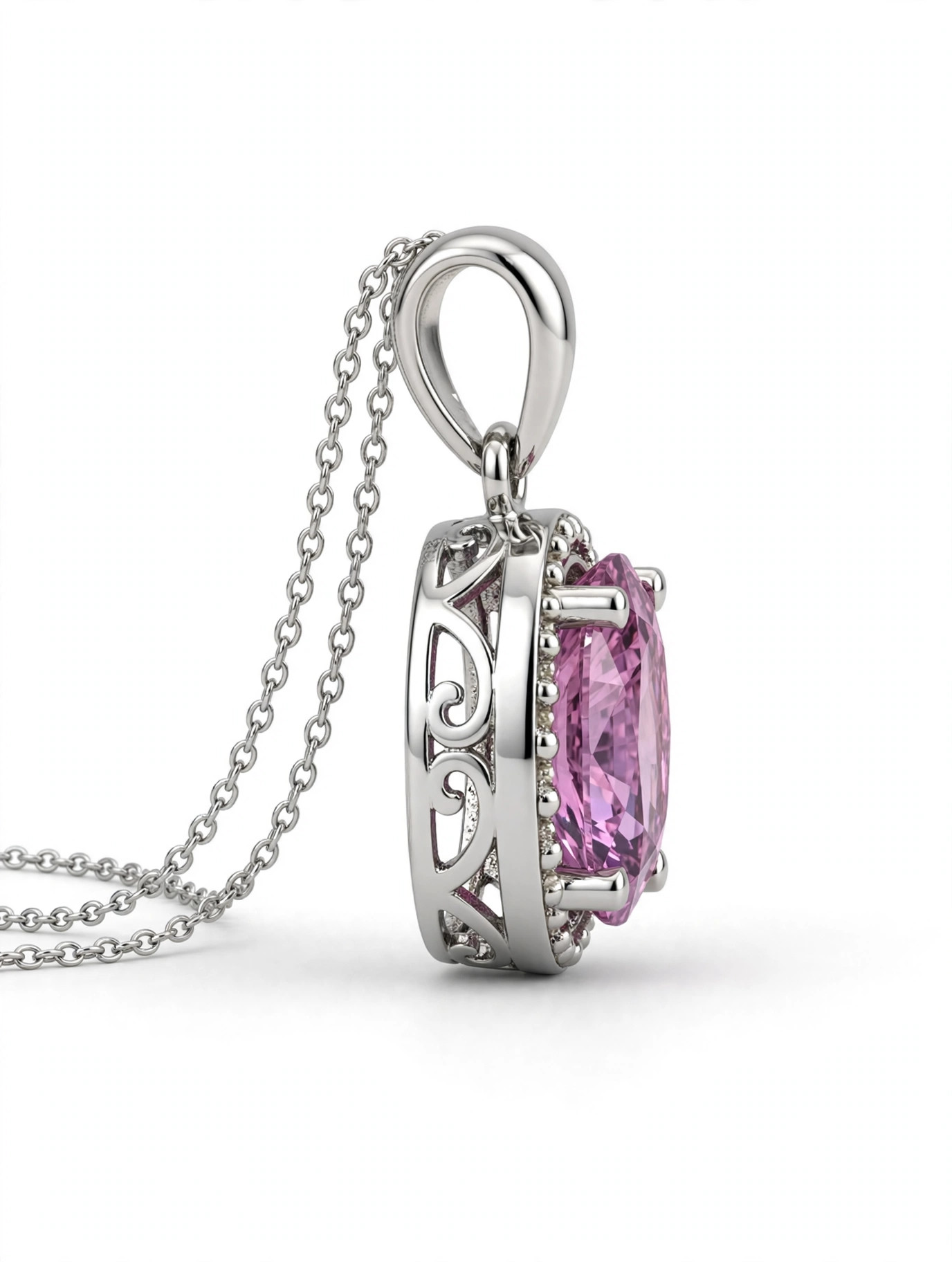 14K White Gold Oval Pink Sapphire and Diamond Halo Pendant Necklace - Image 4