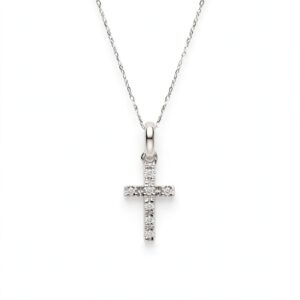 14K White Gold Tiny Diamond Cross Pendant Necklace