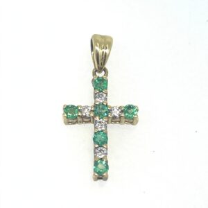 14K Yellow Gold .29 ct Emerald and .16 ct Diamond Cross Pendant