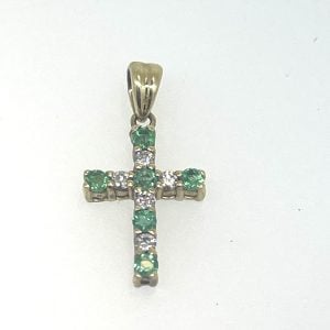 14K Yellow Gold .29 ct Emerald and .16 ct Diamond Cross Pendant