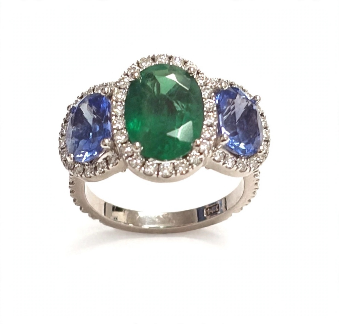 14K White Gold Tanzanite, Apatite and Diamond Three-Stone Halo Ring
