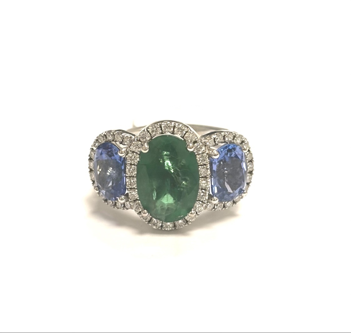 14K White Gold Tanzanite, Apatite and Diamond Three-Stone Halo Ring - Image 2