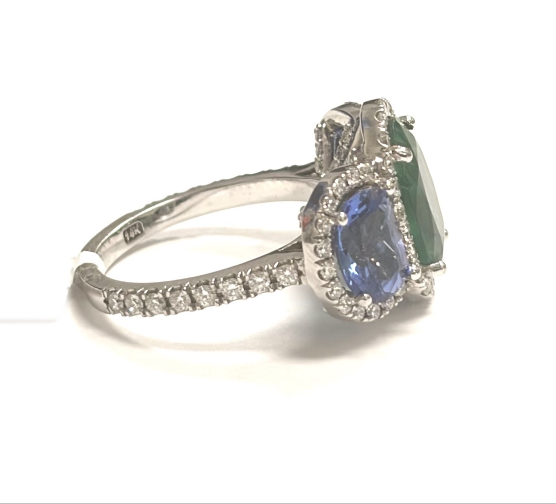 14K White Gold Tanzanite, Apatite and Diamond Three-Stone Halo Ring - Image 3