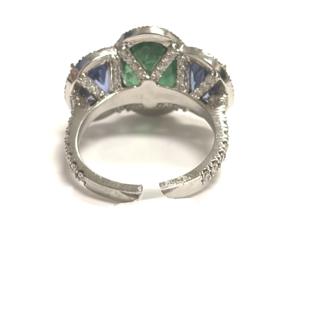14K White Gold Tanzanite, Apatite and Diamond Three-Stone Halo Ring - Image 4
