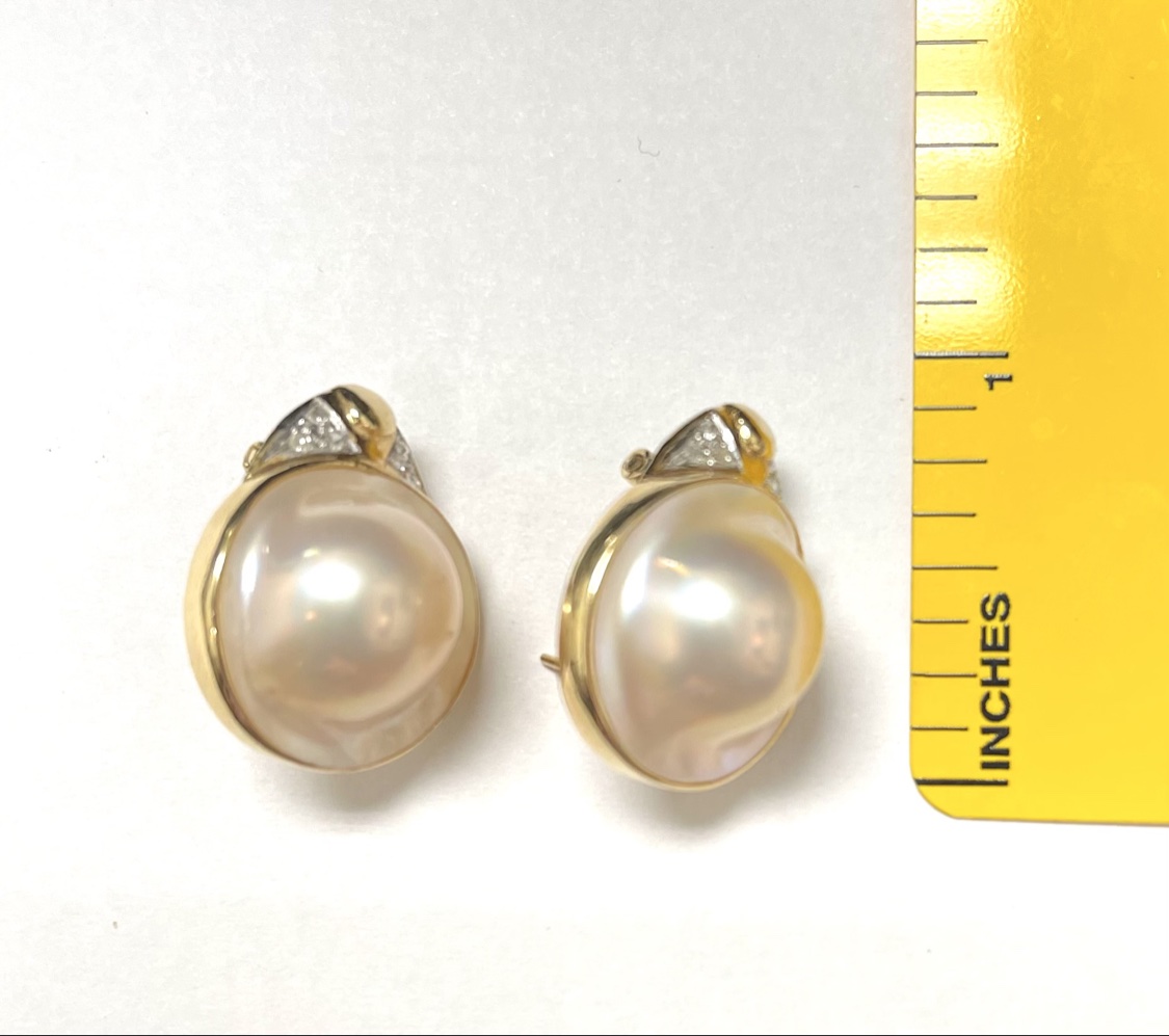 Estate 14K Yellow Gold Baroque Pearl Earrings with Diamond Accents - Image 3
