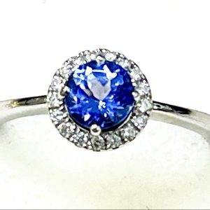 18K White Gold Tanzanite and Diamond Halo Ring