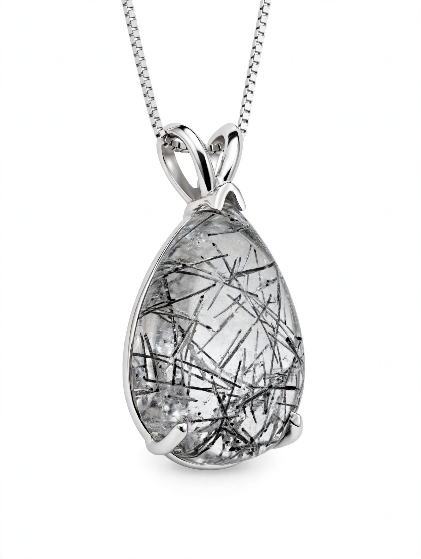 14K White Gold Pear Tourmalinated Quartz Pendant Necklace - Image 2