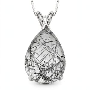 14K White Gold Pear Tourmalinated Quartz Pendant Necklace