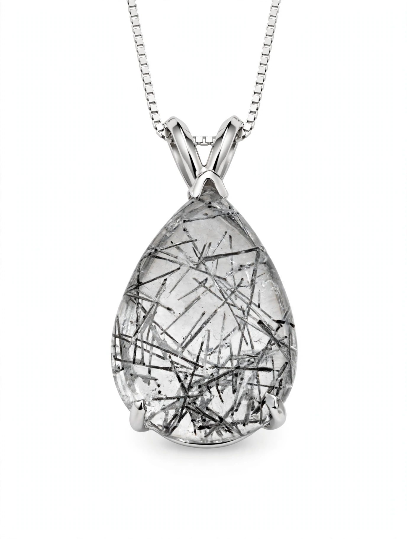 14K White Gold Pear Tourmalinated Quartz Pendant Necklace