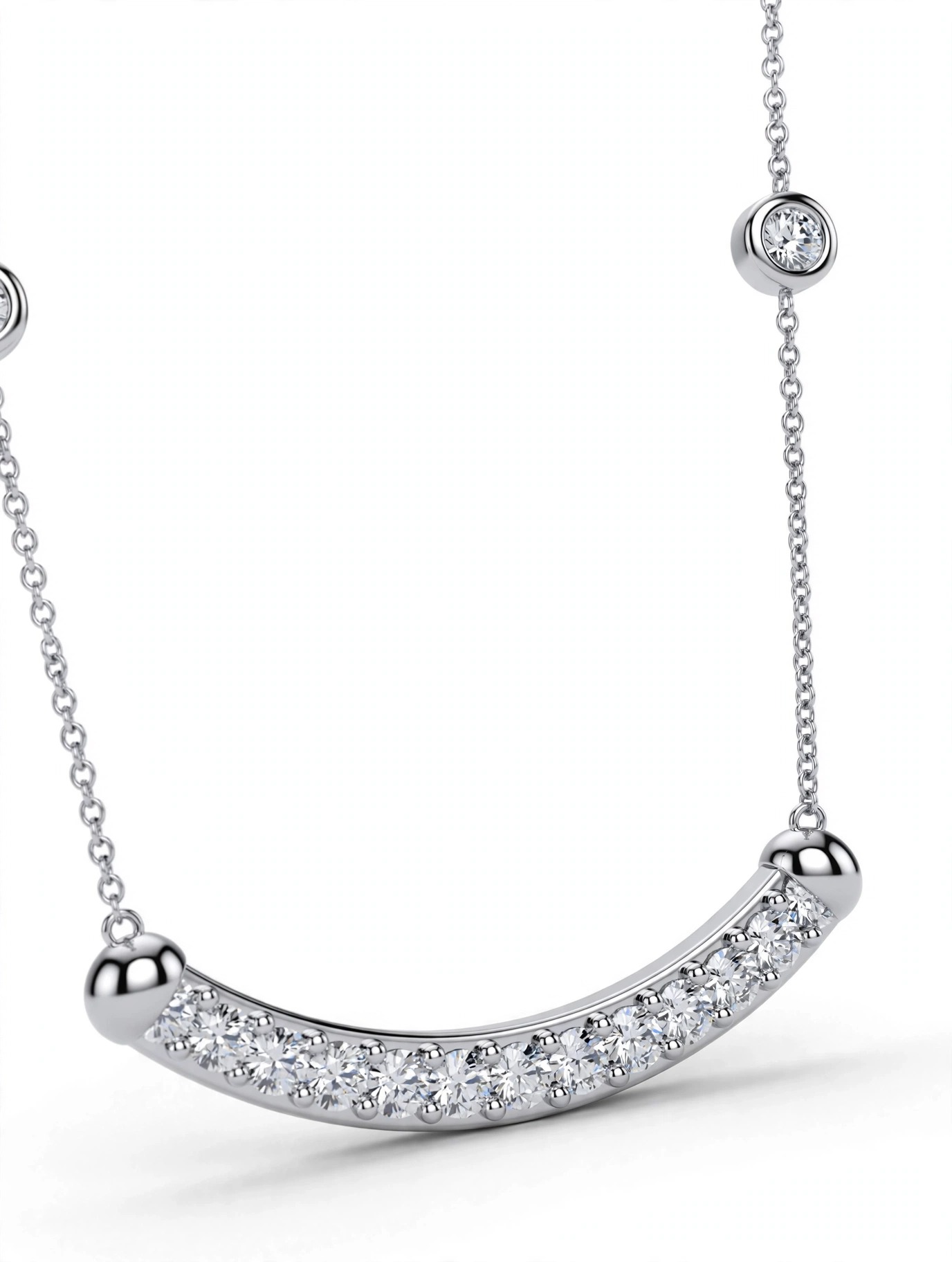14K White Gold Curved Diamond Bar Necklace - Image 2