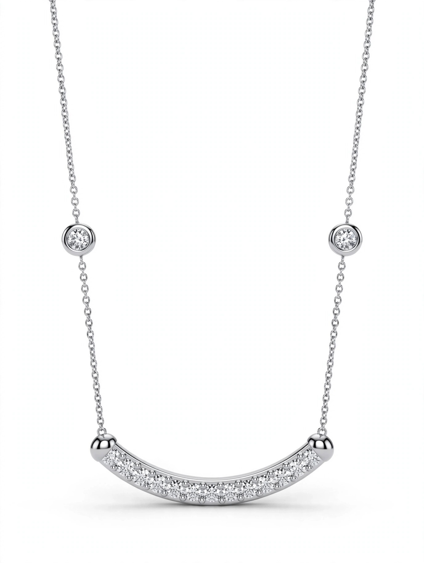 14K White Gold Curved Diamond Bar Necklace