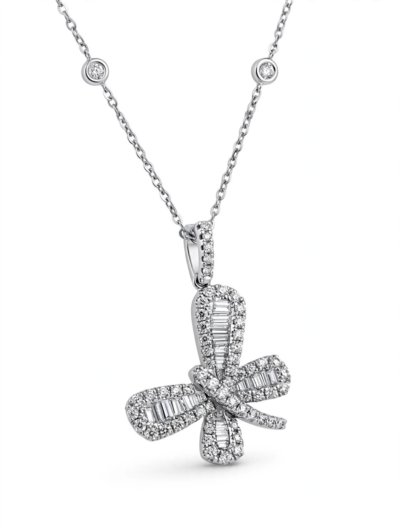 14K White Gold Diamond Bow Pendant Necklace - Image 2