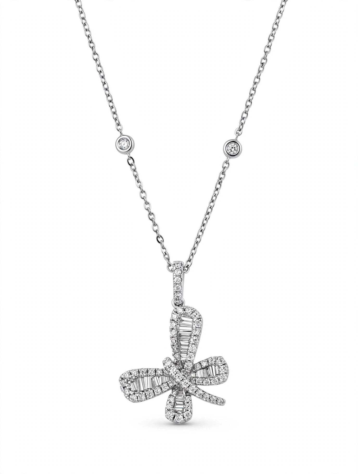 14K White Gold Diamond Bow Pendant Necklace