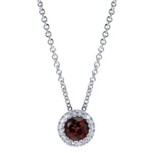 14K White Gold Round Garnet and Diamond Halo Pendant Necklace