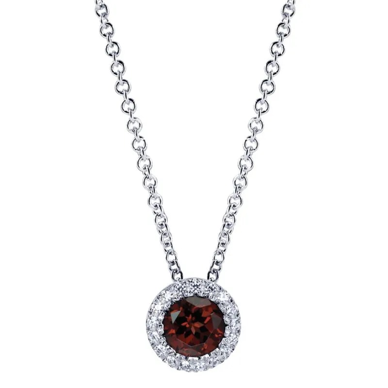 14K White Gold Round Garnet and Diamond Halo Pendant Necklace
