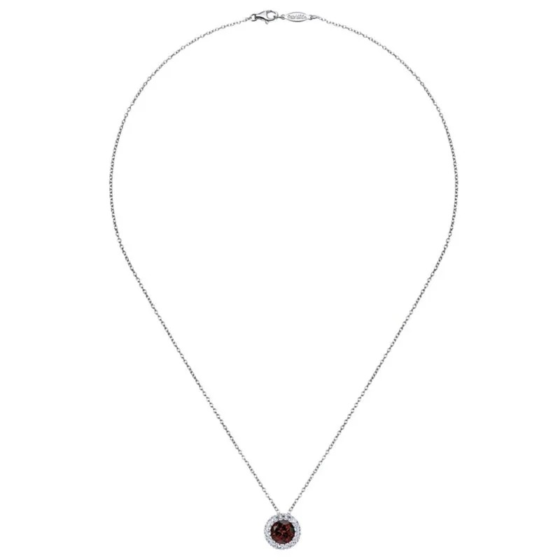 14K White Gold Round Garnet and Diamond Halo Pendant Necklace - Image 2