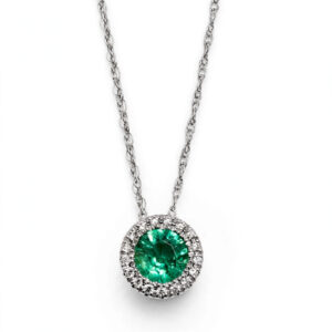 14K White Gold Round Emerald and Diamond Halo Pendant Necklace