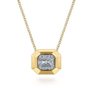 14K Yellow Gold Geometric Baguette and Round Diamond Pendant Necklace
