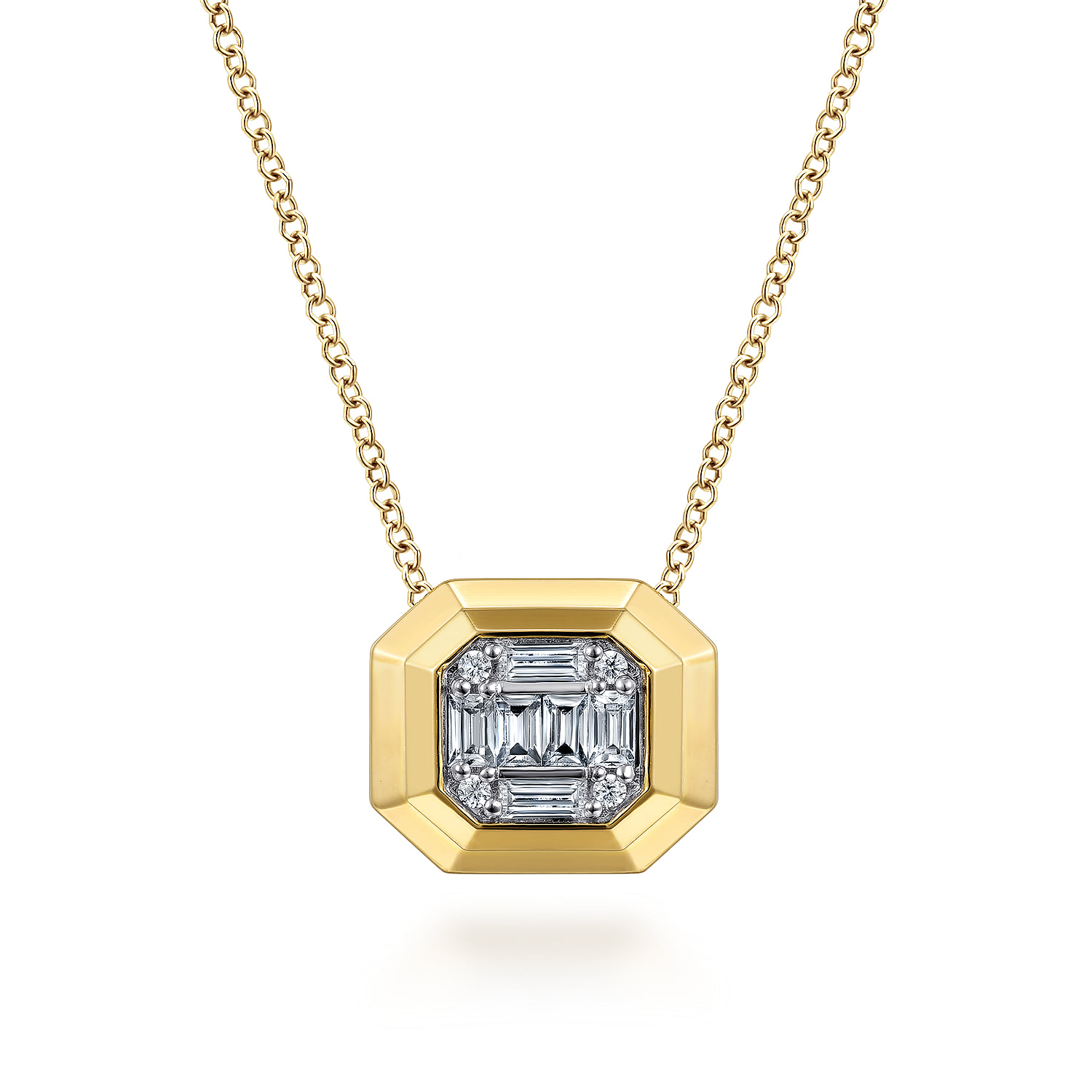 14K Yellow Gold Geometric Baguette and Round Diamond Pendant Necklace