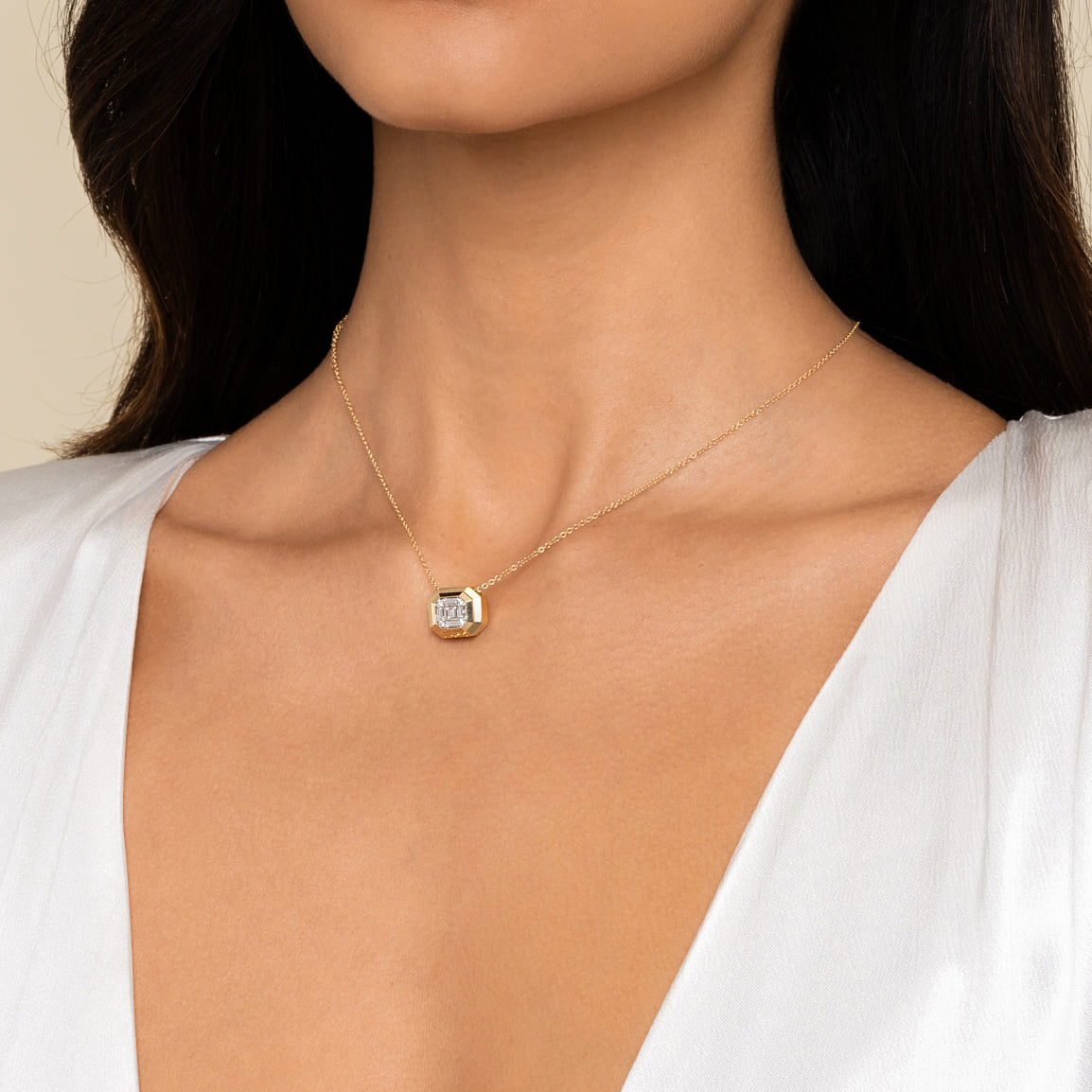 14K Yellow Gold Geometric Baguette and Round Diamond Pendant Necklace - Image 3