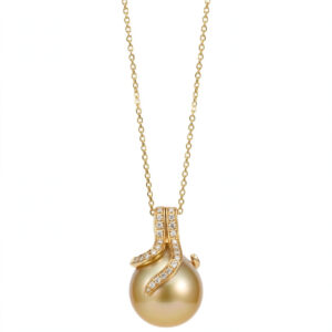 14K Yellow Gold Golden South Sea Pearl and Diamond Pendant Necklace